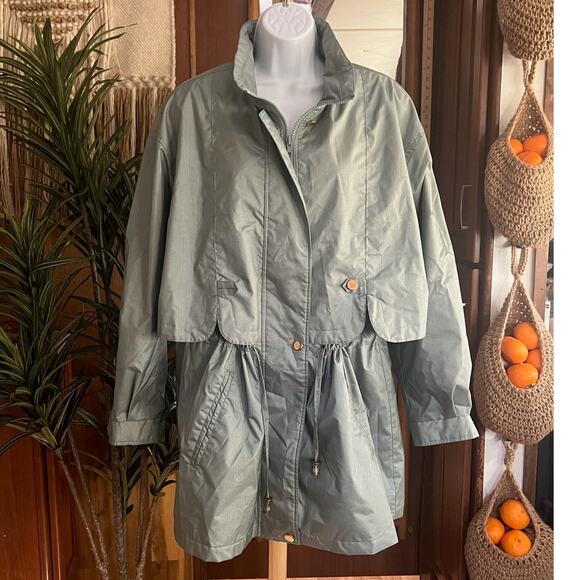 Fleet Street Vintage 90s Mint Green Rain Jacket XL | Gold Buttons Anorak Trench - Picture 1 of 11